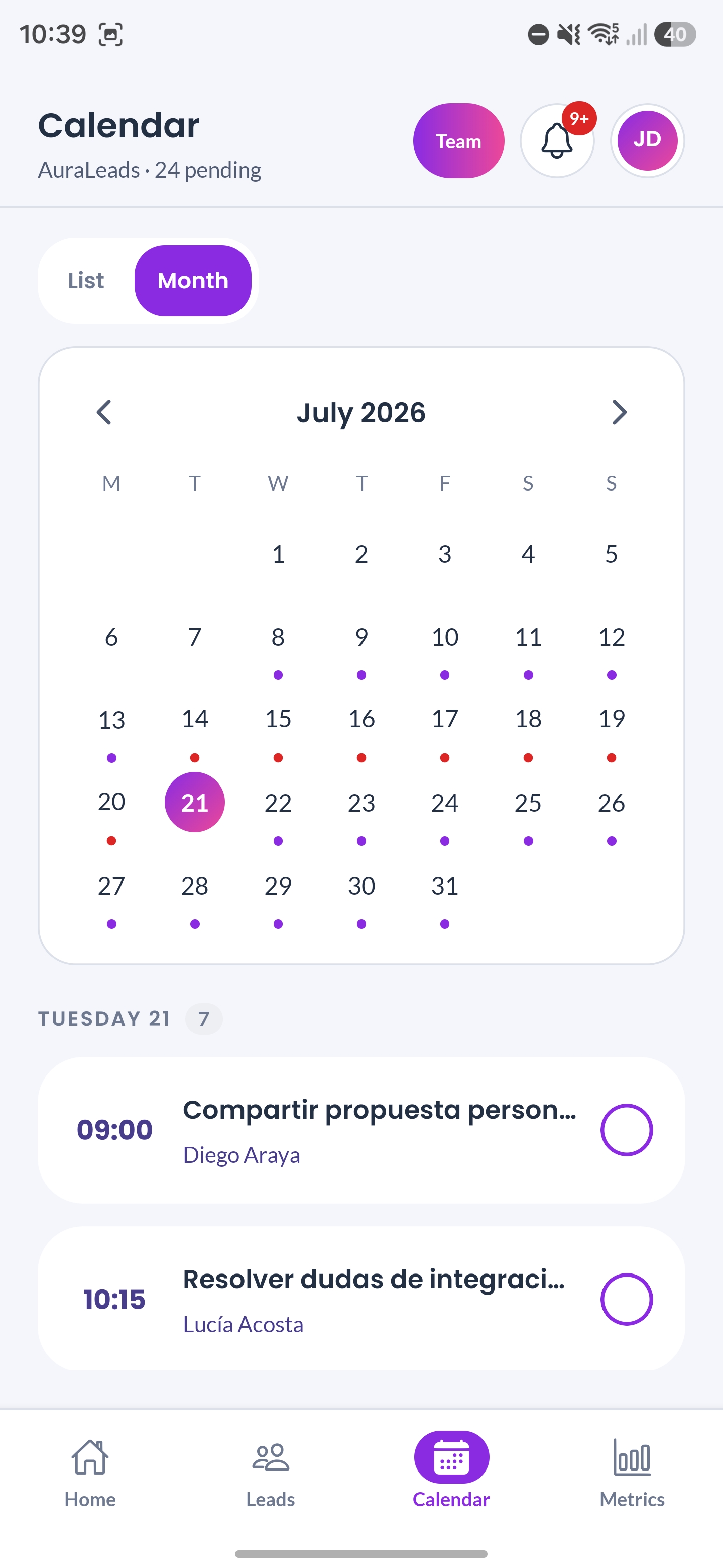 Calendar & metrics — AuraLeads